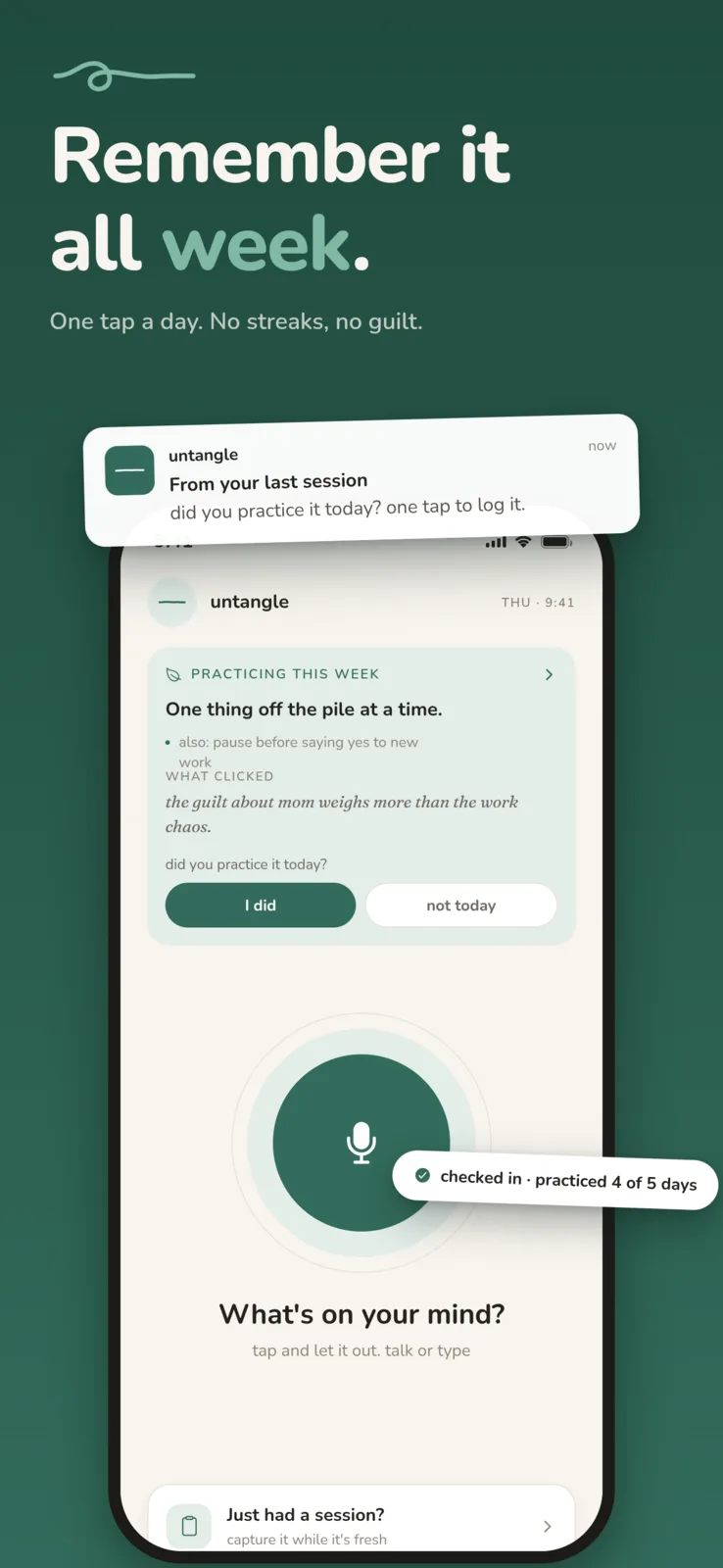Remember it all week: a gentle daily reminder and the one-tap practice check-in