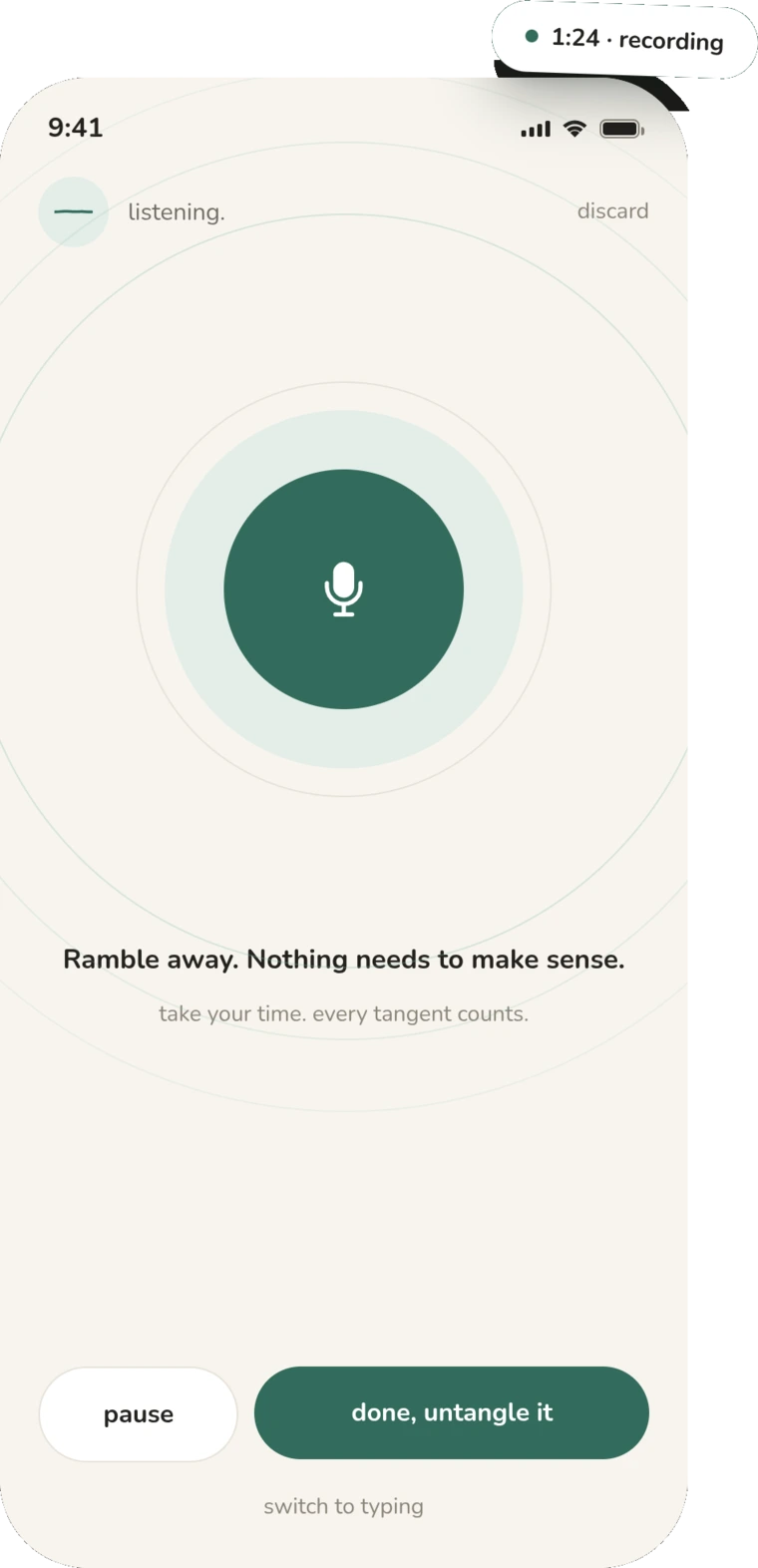 Untangle recording a ramble: a big microphone button, 'Ramble away. Nothing needs to make sense.'